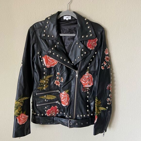 Lpa Leather Black Jacket Floral Embroidered 58 Roses Size XS - Picture 10 of 17